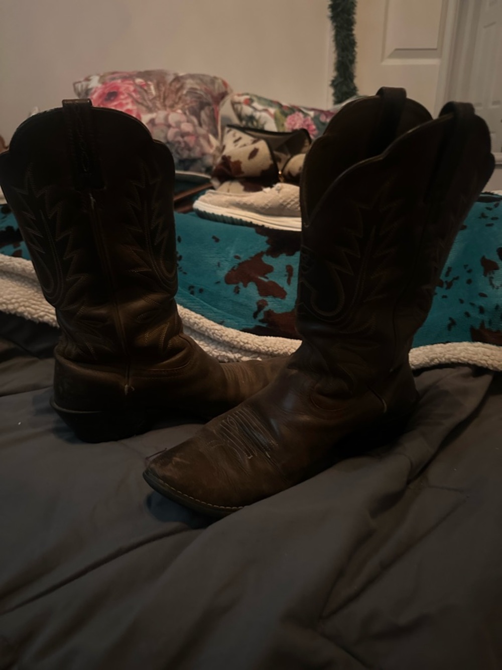 Ariat Distressed Tan and Dark Brown Leather Cowboy Boots